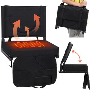 Heated Stadium Seats with Backrest and Cushion, Portable and Lightweight, Ideal for Camping, Beach, Sporting Events, Folds to Compact Size, Extra Wide, USB Battery Not Included (Heated-black-1pc)