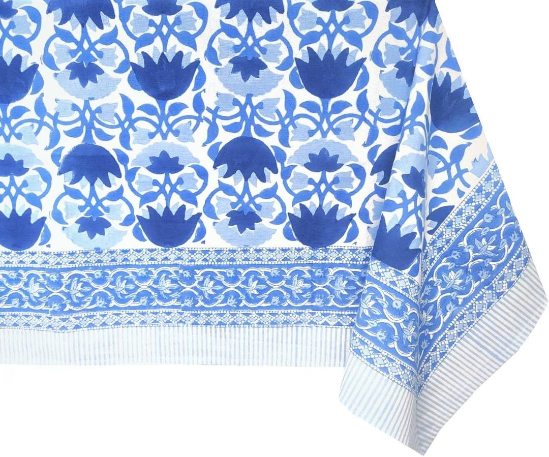 ATOSII Positano Blue 100% Cotton Rectangle Fall Tablecloth, Handblock Floral Linen Table Cloth for Kitchen Dining Table I Tabletop I Parties Wedding Christmas Thanksgiving I Fall Decor 60 X 90 Inches