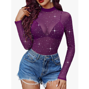 UEOIOW Women's Mock Turtle Neck Long Sleeve Tops Sheer Mesh Rhinestone Ruched Trendy Going Out Shirts Blouse S