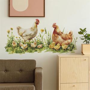 Rooster Hen Chicks Grasses Wall Stickers, sacinora Chicken Family Farm Idyllic Wall Decals Removable Vinyl Peel and Stick for Farmhouse Kitchen Dining Room Nursery Pantry Art Home Decorations