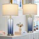 26" Coastal Blue Glass Table Lamps Set of 2, 3-Way Dimmable Touch Control Bedroom Lamp with USB C+A Ports & AC Outlet, Elegant Living Room Lamp, Nautical Bedside Lamps for Nightstand Side End Table
