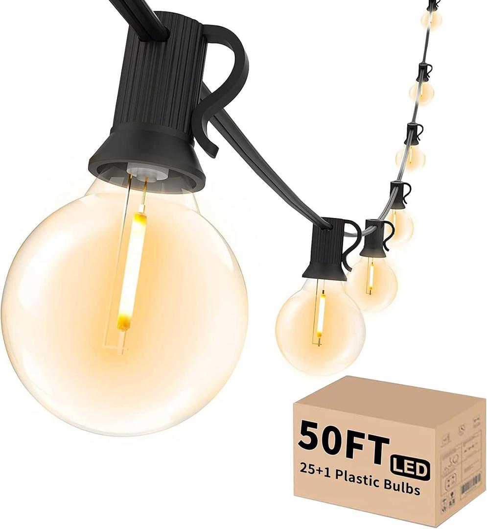 Svater Outdoor String Lights LED 50 FT G40 26 Bulbs Waterproof for Patio
Shatterproof Globe Bulbs, Dimmable, Plug-In, Outside Light for Backyard Bistro Cafe Party Warm White