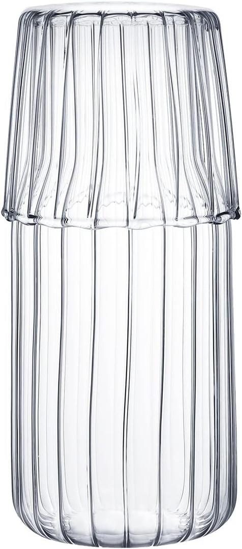 Sizikato 15 Oz Clear Striped Glass Bedside Night Water Carafe with Tumbler Glass. (Stripes)