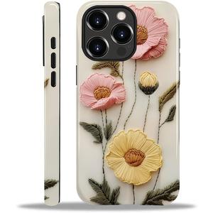 Case for iPhone 13 Pro Max Case,Faux Embroidery Boho Floral Design - Hybrid Dual Protection Silicone + Hard PC Shockproof Full Body Cover Slim Anti-Scratch Protective Case for Men Women