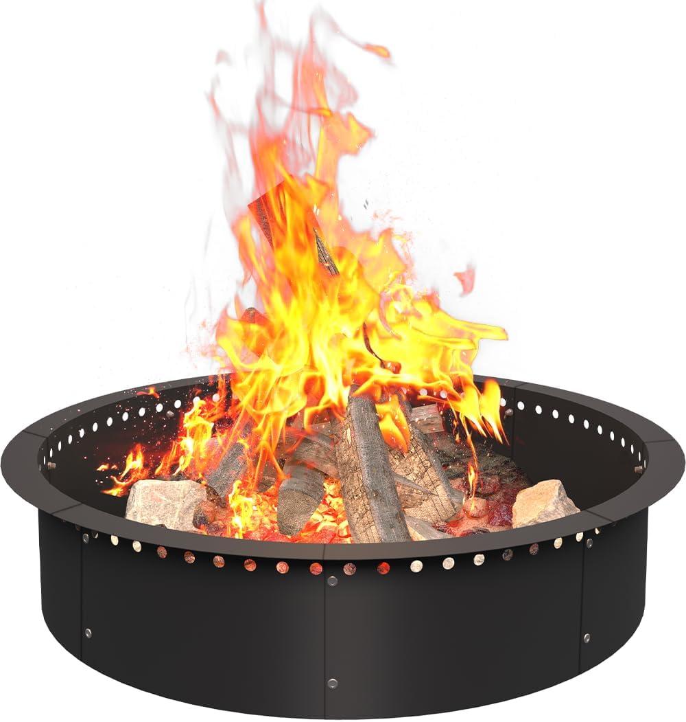 36 Inch Smokeless Fire Pit Ring Insert Outdoor, Heavy Duty Metal Steel DIY Firepit Rim Liner Round Campfire Rings for Outside Wood Burning Above or In-Ground, Black