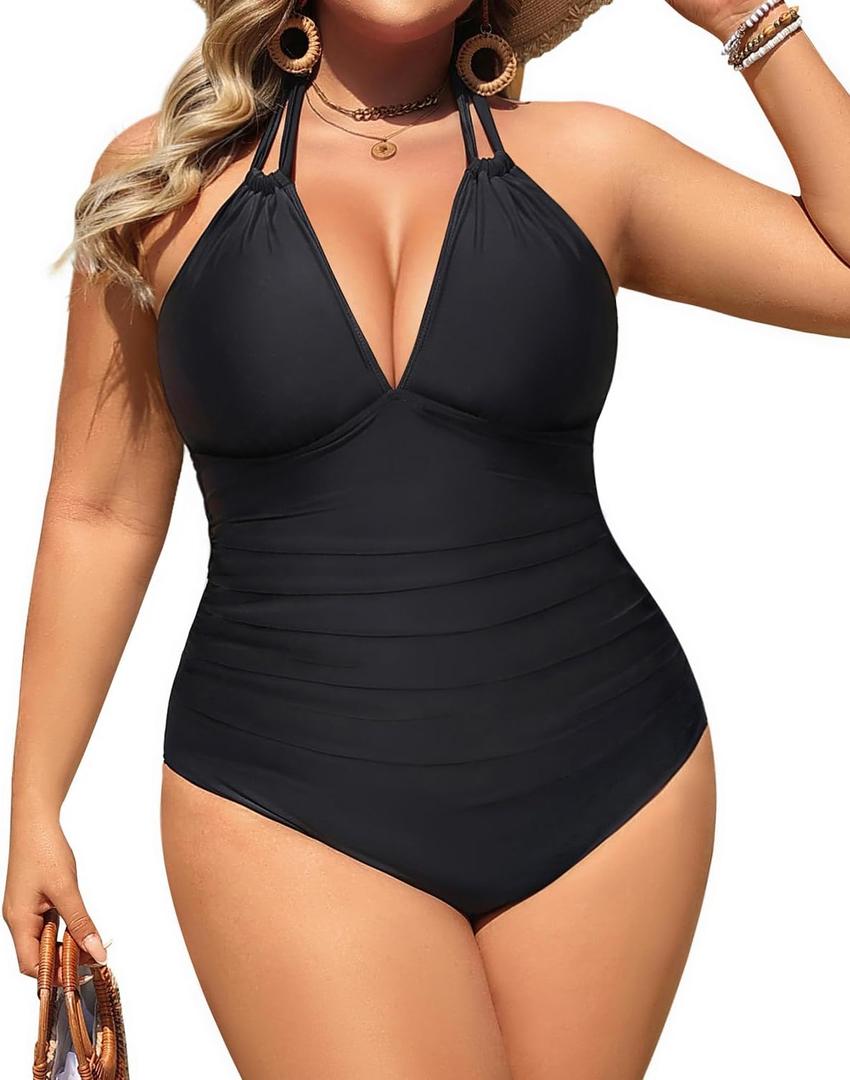 Aqua Eve Plus Size Swimsuits One Piece Bathing Suit for Women Tummy Control Sexy Halter Swimwear (Black) XXL 