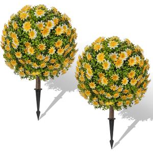 25" Artificial Topiary Ball Fall Tree with Yellow DaisyFake Mums Plants with Ground SpikeSet of 2 UV Resistant Faux Bushes, Fake Shrubs for Garden, Patio, Porch, Yard, Indoor