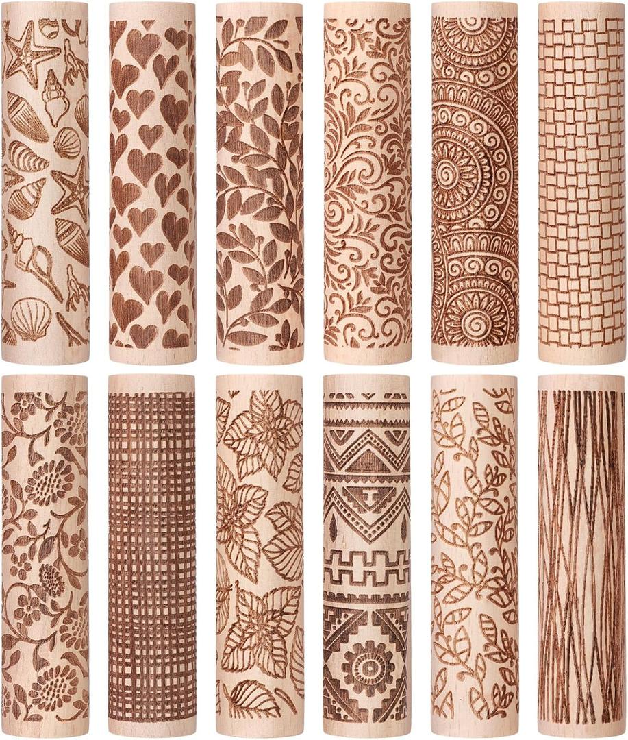 12 Pcs Clay Modeling Pattern Rollers Kit - Wooden Polymer Clay Texture Roller for Pottery, Ceramics & DIY Handcrafts