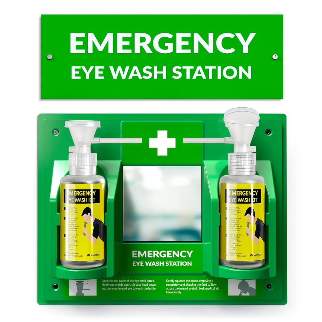 BPA Free Portable Eye Wash Station OSHA Compliant - Wall-Mounted First Aid Eye Wash Kit w/Mirror & 2X 16oz Empty Bottles - No Eyewash Solution Included - Emergency Eyewash - Set of 1 (Green)