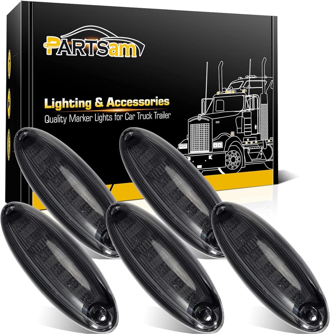 Partsam 5pcs Smoke Lens Yellow 6 LED Top Cab Marker Roof Running Lights Lamps Assembly Replacement for Freightliner Cascadia Heavy Duty Truck Cab Lights