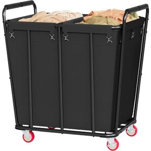 Hoctieon 2 Section Laundry Sorter Cart, 400L Rolling Hamper with Wheels, Industrial Laundry Basket Organizer, Extra Large Dirty Clothes Hamper for Home & Hotel, Heavy Duty, Black