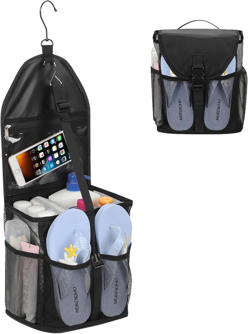 Ethereal Hanging Mesh Shower Caddy Portable for College Dorm Room Essentials, Large Capacity Shower Bag for Guys/Girls, for Beach, Swimming, Gym, Black