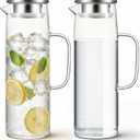 Hsei 2 Sets Glass Pitcher with Lid, 50 oz / 1500 ml Water Carafe with Handles Hot Cold Beverage Water Jar Glass Jug for Tea Juice Milk Coffee Iced Beverage (Stainless Steel Lid)