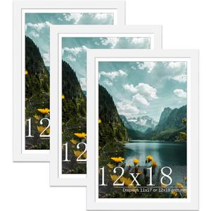 Picrit 12x18 Picture Frame 3 Pack, White Poster Frame, Display Poster 11 x 17 with Mat or 12 x 18 without Mat for Horizontal or Vertical Wall Mounting