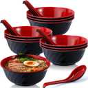 10 Pack Miso Soup Bowls with Spoon, 32 oz Melamine Ramen Bowl, Japanese Ramen Bowls, Noodle Soup Bowl, Black & Red, 6.8in