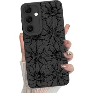 MZELQ for Samsung Galaxy S24 Fe Case, Silicone Black Floral Flowers Sunflowers Cute Pattern, Camera Protection Soft Slim Phone Case for Girls Women -Black