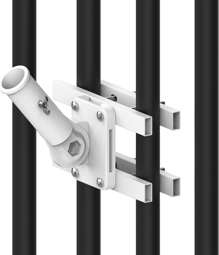 Heavy Duty Flagpole Mount Bracket for Balcony Railing,Flag Pole Mount Adjustable for Porch & Fence Rail,Flagpole Mount for Both Round and Square Railing,Strong and Rust Free,for 1 inch flagpole (White)