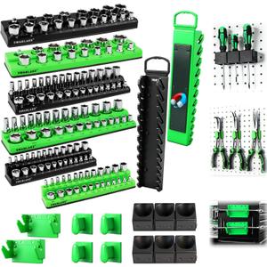 20-Piece Magnetic Tool Organizer Set, 1/4", 3/8", 1/2" SAE & Metric Socket Organizers, 2 Large Wrench Holders, 24-Slot Wrench Rails, Plier and Screwdriver Wall Mount Storage