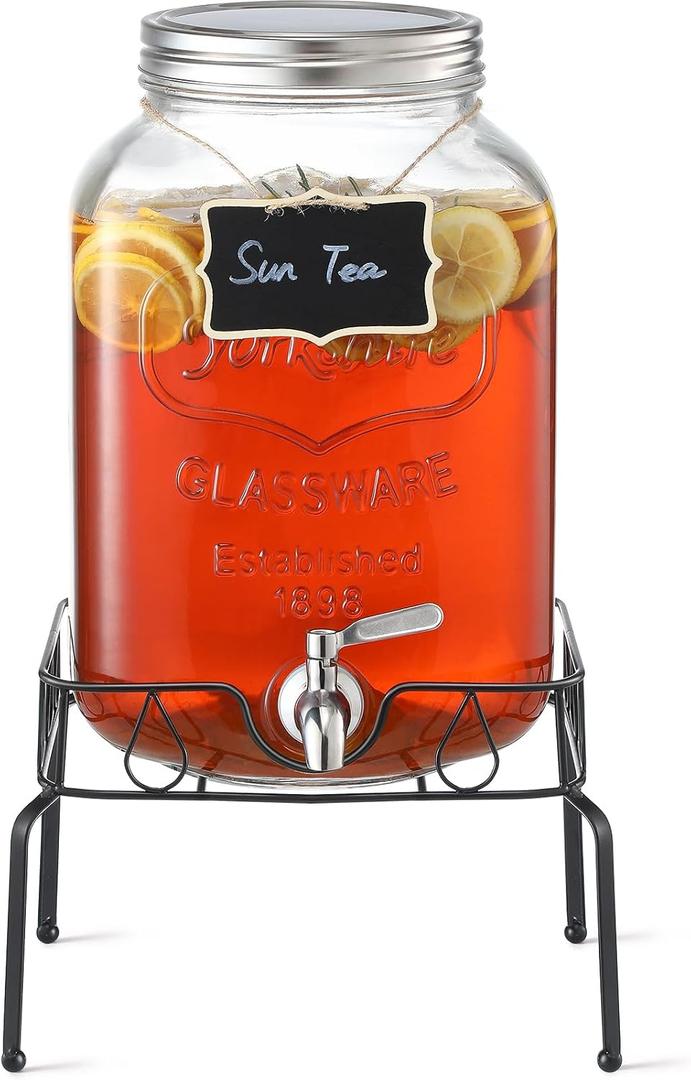 2 Gallon Glass Beverage Dispenser with Stand and Lid, 18/8 Stainless Steel Spigot - Glass Drink Dispensers for Parties - Mason Jar Drink Dispensers with Lids