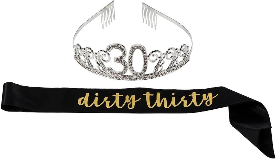 BLUE PANDA Happy Birthday Tiara and Sash Set - Rhinestone Queen Tiara with Dirty Thirty Satin Sash Decoration for 30th Birthday - Rhinestone Set - Dirty 30 Crown