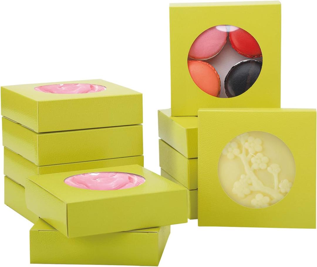 Bssay 60Pcs Small Soap Packaging Boxes 4.3x4.3x1.2 Inch,White Square Paper Boxes Gift Wrapping Box with Round Clear Window for Bakery Cookies Cake Candy Soap Packaging Birthday Gift Boxes (Yellow) (Yellow)