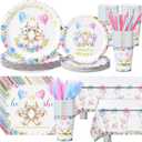 Yungyan 231 Pcs Easter Bunny Gender Reveal Party Supplies, Serve 25, Easter Baby Shower Tableware Paper Plates Tablecloth Cups Napkins Straws and Napkins for Birthday Tableware Table Party Favors