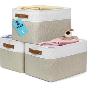 OrganiHaus Large Fabric Storage Baskets for Shelves 3 Pack, 15x11in Closet Storage Bins for Shelves, Canvas Baskets for Organizing, Linen Closet Organizers, Cloth Basket, Beige/Off-White