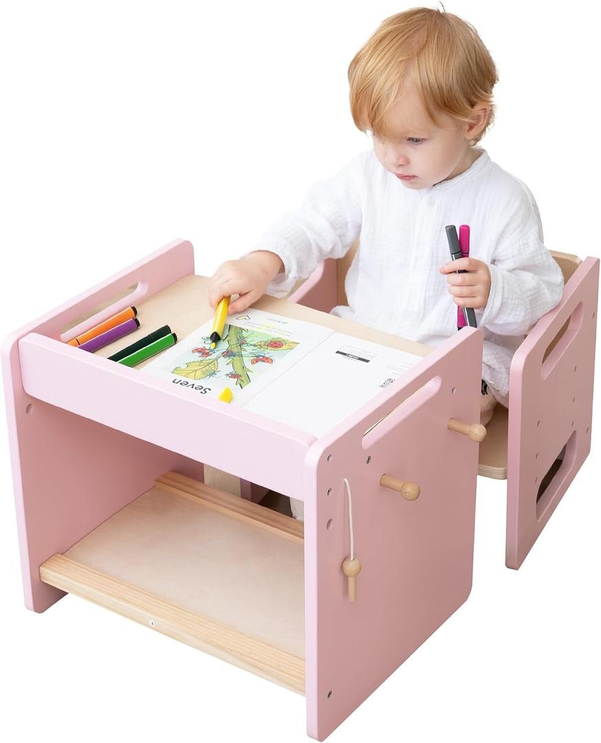 bpmfkid Montessori Weaning Table and Chair Set - Adjustable Design for Toddlers, Ideal for Mealtime, Learning, and Play, Pink
