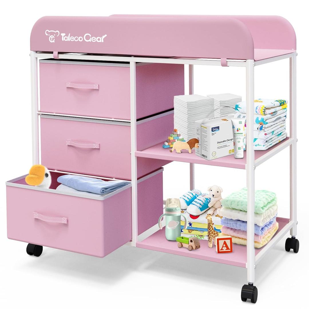 Baby Changing Table, Portable Changing Table, Diaper Changing Station with Waterproof Pad, Changing Table Dresser with 3 Storage Baskets, Mobile Nursery Organizer for Newborn Essentials, Pink