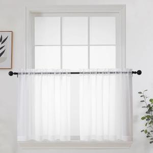 OWENIE White Short Sheer Curtains 24 Inches Long 2 Panels Set for Kitchen Window, Rod Pocket Light Filtering Sheer Tier Curtains for Small Laundry Room, RV, Camper Travel Trailers, 42 W x 24 L, White