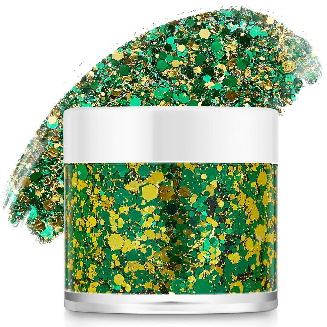 St. Patrick's Day Face Body Hair Glitter, Green Gold Body Glitter Makeup, St Patrick's Day Outfit for Women, Self-Adhesive Carnival Face Paint Body Glitter Sparkling Festival Chunky Makeup