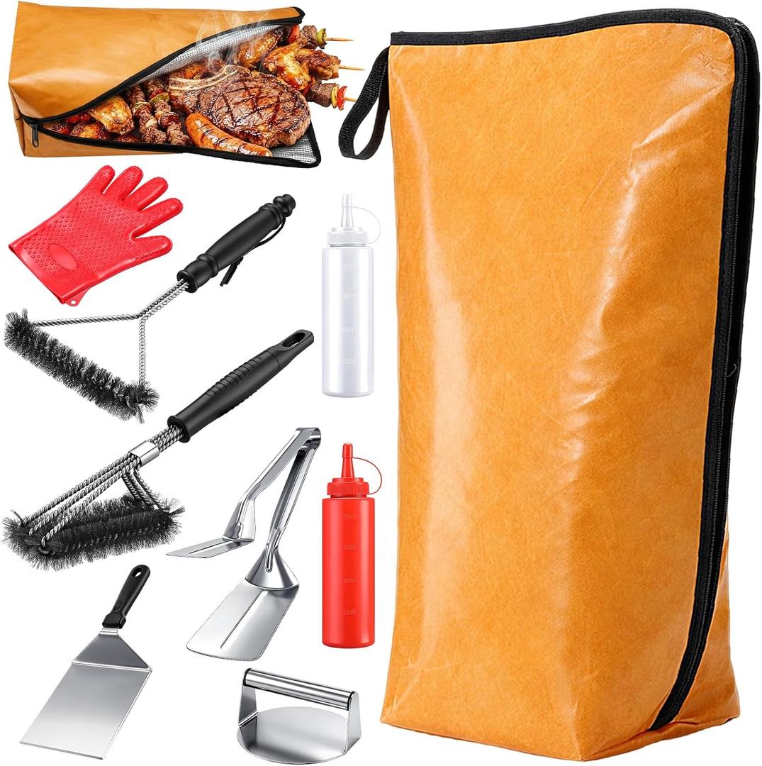 21" Insulated BBQ Blanket for Resting Meat, 9 Pcs Griddle Accessories Set, Heat Resistant Gloves, Stainless Steel Griddle Spatula, Tongs& Brushes, Meat Press, Gift for Men, Dad, Grill Lovers