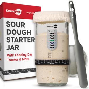 KNEADACE Sourdough Starter Jar With Date Marked Feeding Band, Thermometer, Sourdough Jar Scraper, Sourdough Container Sewn Cloth Cover & Metal Lid, Sourdough Starter Kit (1 Pack)