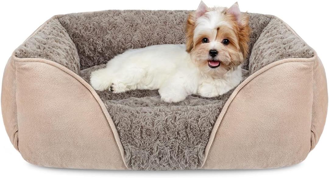 INVENHO Small Dog Bed for Medium to Large Dogs - Rectangle, Orthopedic, Soft, Calming, Durable Pet Cuddler with Anti-Slip Bottom (20"x19"x6") (Beige)