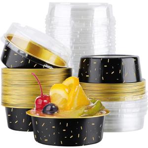 EUSOAR Disposable Ramekins with Lids, 5oz 50pcs Aluminum Foil Baking Cups Tins, 150ml Cupcake Liners for Pie Quiche Soufflé Creme Brulee, Cake Pan Custard Pan for Gathering Dinner Wedding Banquets