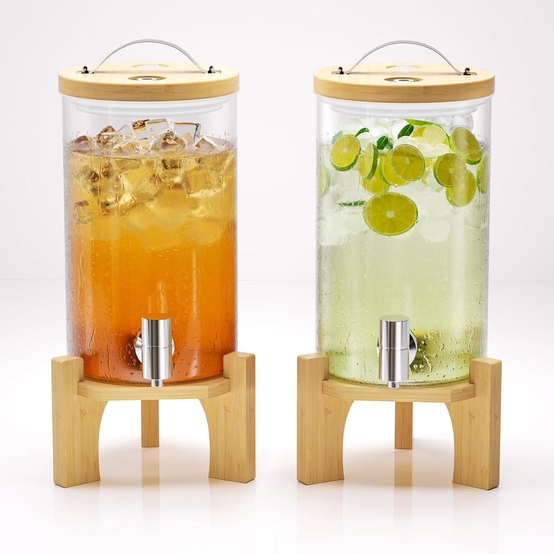 1.2 Gallon Glass Drink Dispenser For Parties, beverage dispenser with Bamboo wood stand And Stainless Steel Spigot, Juice or lemonade dispenser Laundry Detergent Dispenser (2 PACK) (EXP 05/02/29)