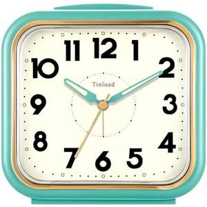 5.5" Large Analog Alarm Clock • Silent Non Ticking • Gentle Wake • Beep Sounds • Increasing Volume • Battery Operated Snooze and Manual Light • Retro Green