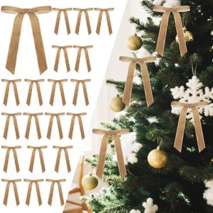 Senjie 24Pcs Christmas Velvet Bows for Tree, Vintage Ribbon Bows Ornaments for Garland Wreath Gift Wrapping Treat Bag Bakery Candy Bags DIY Crafts Holiday Decor (Khaki, 5" x 7", Width of 1")