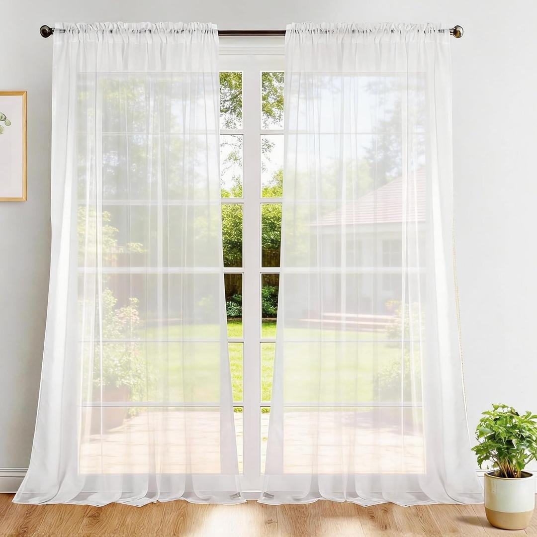Dreaming Casa Solid Sheer Curtains Living Room White Rod Pocket Voile Draperies Window Treatment 72" W x 84" L 2 Panels