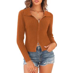 ZAFUL Women's Zip Up Sweater Long Sleeve Polo V Neck Ribbed Knit Slim Cropped Sweater Pullover Jumper Tops (1-Orange, S)