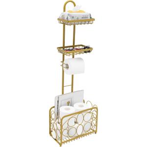 Oasis Creations Toilet Paper Holder Tissue Rack Stand with Magazine Toilet Roll Storage Basket- Freestanding, Gold Metal