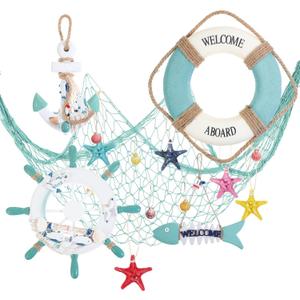 Marsui 11 Pcs Wooden Nautical Wall Decor Fishing Net Decorations, Include Decorative Fishing Net, Ship wheel, Fish Skeleton, Life Ring, Anchor, Starfish Beach Decor for Mediterranean Party (Teal)