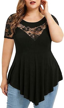 Chvity Womens Plus Size Tops O-Neck Asymmetric Short Sleeve Tunics Lace Blouse Shirts for Summer Casual S-5X, Black XL Chvity Womens Plus Size Tops O-Neck Asymmetric Short Sleeve Tunics Lace Blouse Shirts for Summer Casual S-5X, Black XL