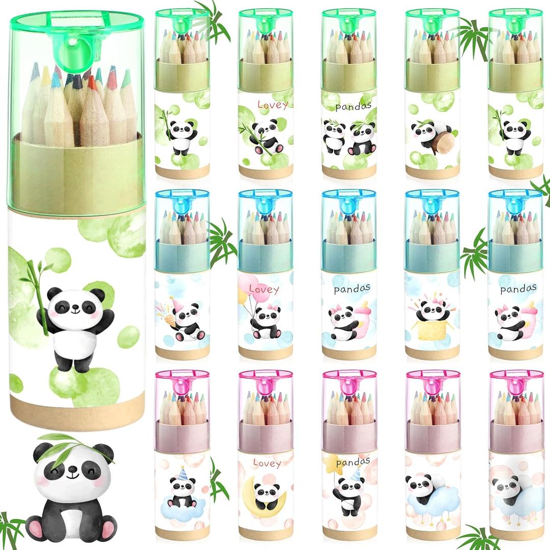 AmazingSpark 15 Pack Christmas Mini Drawing Colored Pencils Bulk Cute Animal Cartoon Drawing Pencils for Kids with Sharpener Portable Color Tube Gift for Painting Classroom School(Panda)