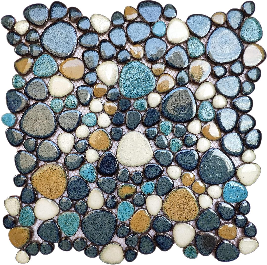 Parrotile Pebble Tile for Shower Floor Aqua Cobalt Blue Mosaic Backsplash Tiles (5 Sheets)