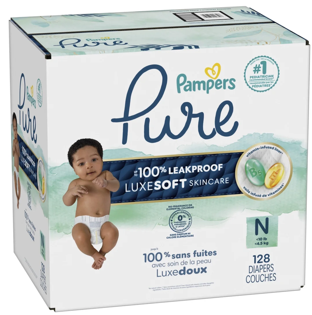 Pampers Pure Protection Baby Diapers, Size 0 (10 lbs ), 128 Count, Up to 100% Leakproof, Premium Plant-based Skin Protection, Hypoallergenic Soft Diapers (Newborn)
