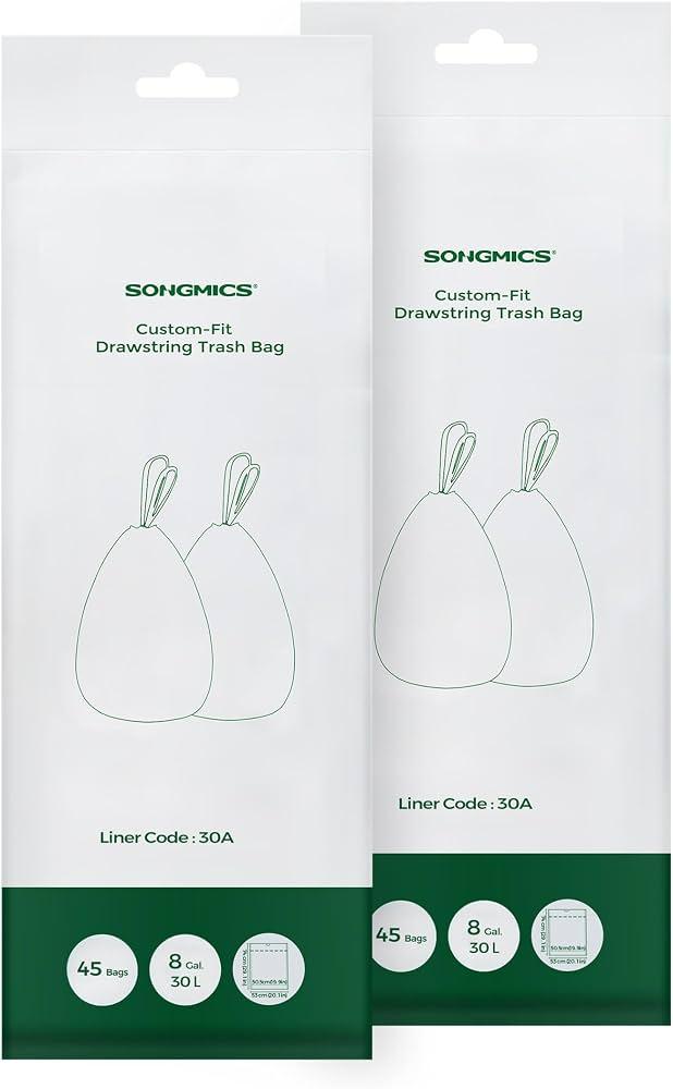 SONGMICS Heavy Duty Bin Liners, 30L Kitchen Bin Liners, Pre-Separated, Bag Code 30A, 2 Rolls, 90 Pieces, White KRB30A02