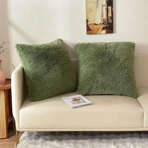 XeGe 24x24 Fluffy Faux Fur Throw Pillow Covers, 2 Pack Shaggy Fuzzy Cozy Moss Green Pillow Shams with Zipper, Plush Furry Square Cushion Covers for Bedroom Living Room Couch Sofa, Sage Green