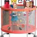 60'' Indoor Outdoor Rebounder Trampoline for Kids, 5 FT Recreational Toddler Trampoline with Safety Enclosure Net Gifts with Basketball Hoop Dartboard Ocean Bal (Pink)