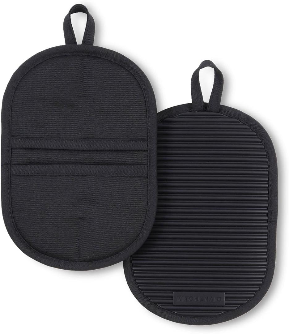 KitchenAid KA GB Ribbed Soft Silicone Pot Grabber 2-Pack Set, 5"x8", Matte Black